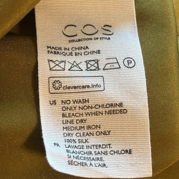 COS olive green 100% silk Deep V back Drape front short sleeves maxi dress Sz 12 - Picture 10 of 11